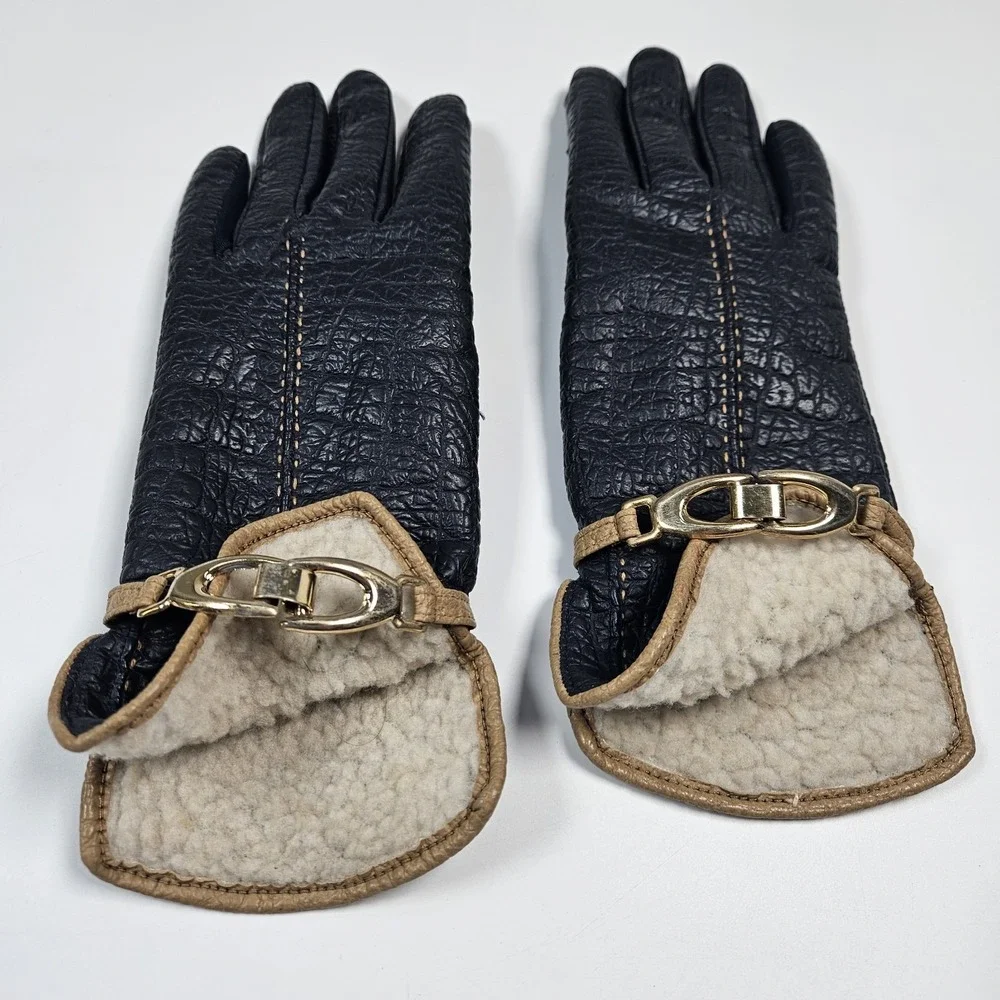 Aris Snuggler Blue Driving Gloves Womens  Vtg‎ Vinyl Backed Sherpa Lined Vintage